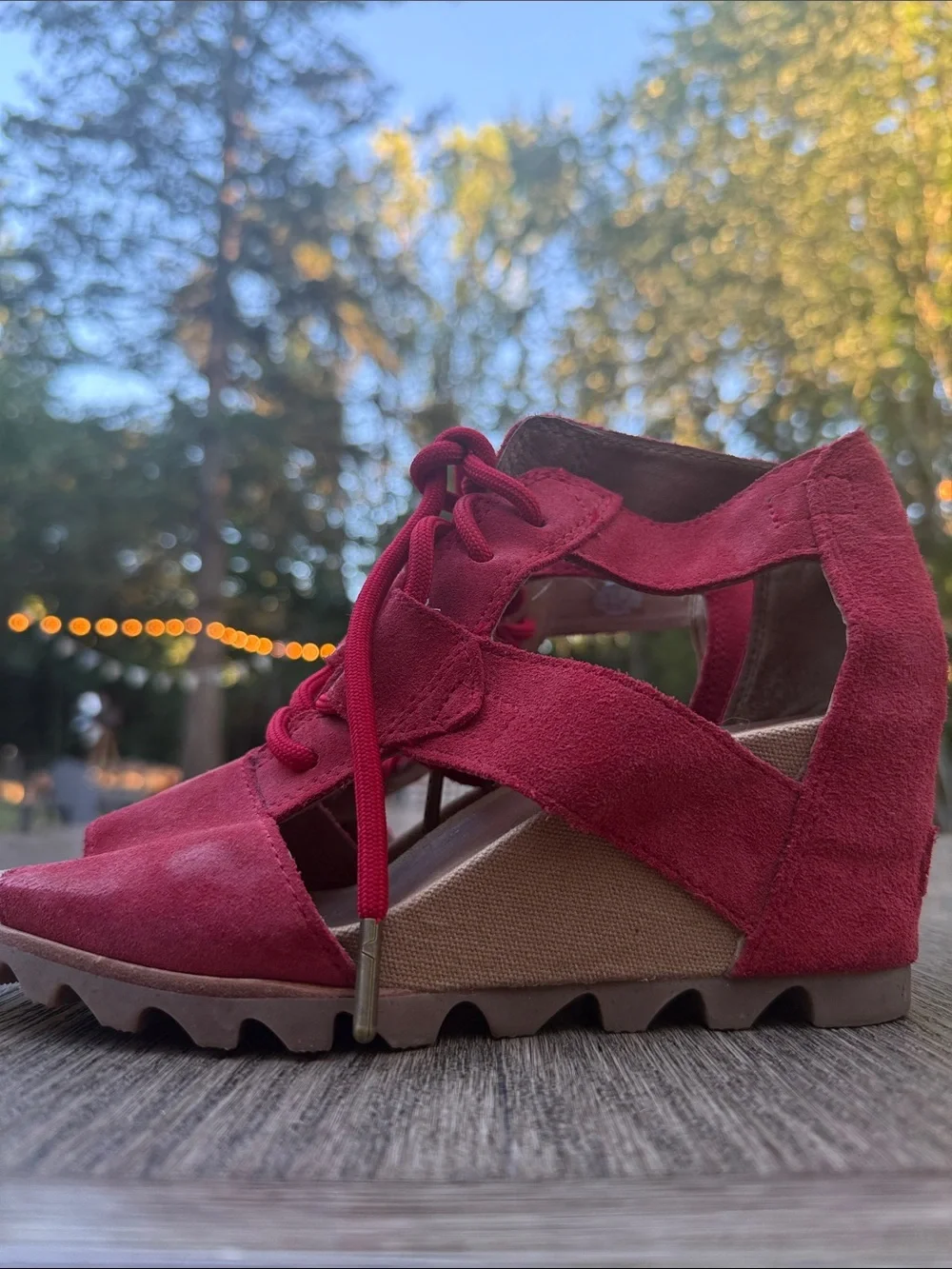 Sorel Red Suede Lace-Up Wedge Sandals